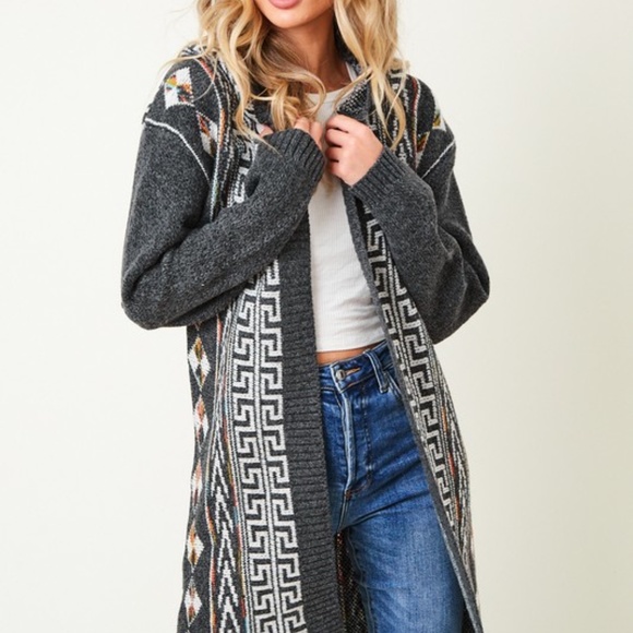 Charcoal Native Cowichan Aztec Boho Bohemian Western Hooded Cardigan Sweater - Picture 2 of 3